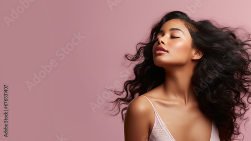 A African woman breathes calmly looking up isolated on pastel background