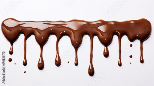 Close up of chocolate syrup leaking on white background 