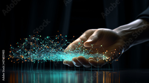 Close up of businessman hand touching screen with connection lines on dark background photo