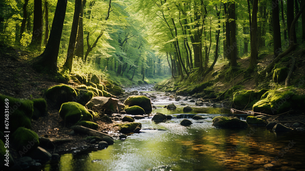 Fototapeta premium Beautiful green forest landscape with a river flowing through the woods.