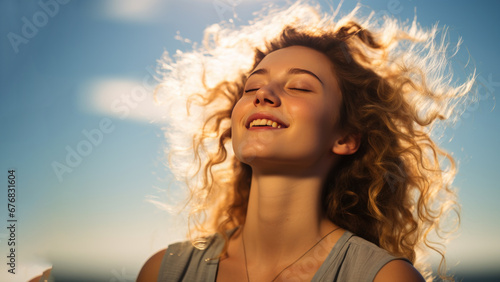 A Blonde woman breathes calmly looking up isolated on clear blue sky
