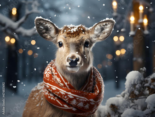 Cute little deer in warm clothes and scarf on winter street.