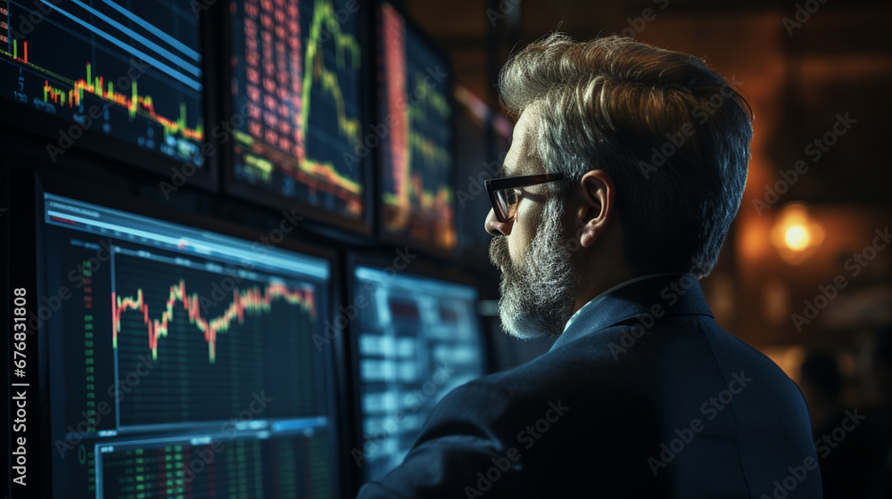 Portrait of senior businessman looking at monitor of stock market