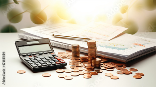 Coins and calculator on the table, business and finance concept. photo