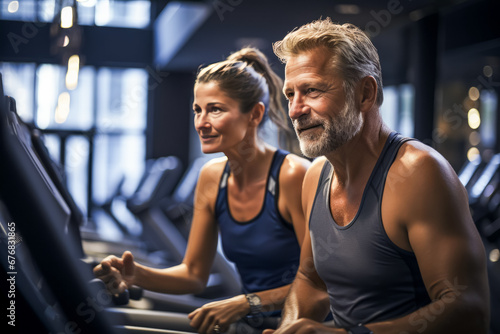 middle age couple running on treadmills in modern gym. healthy lifestyle