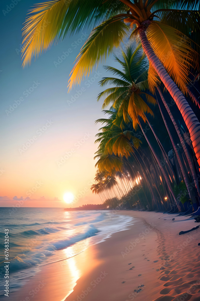 Sea coast. Sunset. Imitation of painting. Stylized image.