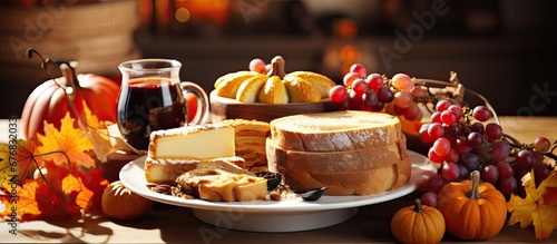 In the cozy autumn background a delicious spread of food adorned the table freshly brewed coffee warm slices of bread and mouthwatering cakes The aroma of cooking filled the air as breakfast