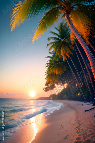 Sea coast. Sunset. Imitation of painting. Stylized image.