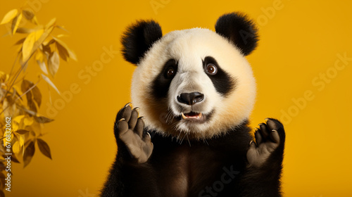 Portrait of a giant panda bear on a yellow background.
