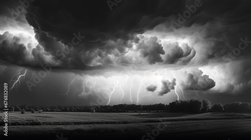 Dark stormy sky with lightning in the field. Black and white photo.