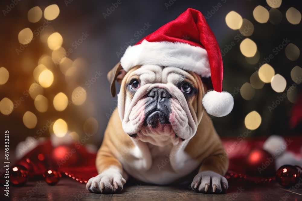 A cute dog wearing a Santa hat sitting on a table. Perfect for Christmas-themed designs and holiday promotions.