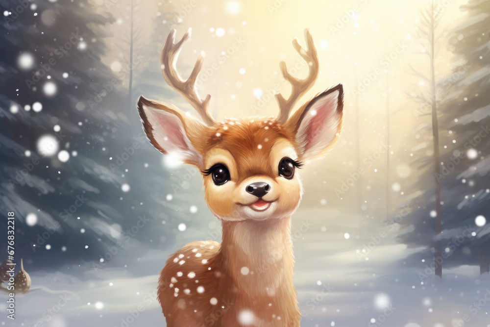 Fototapeta premium A beautiful painting of a deer in a snowy forest. Perfect for adding a touch of nature and tranquility to any space.