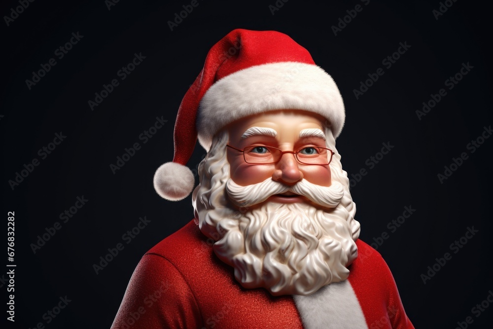 Naklejka premium A detailed close-up of a Santa Claus figurine against a black background. Perfect for holiday decorations or Christmas-themed designs.