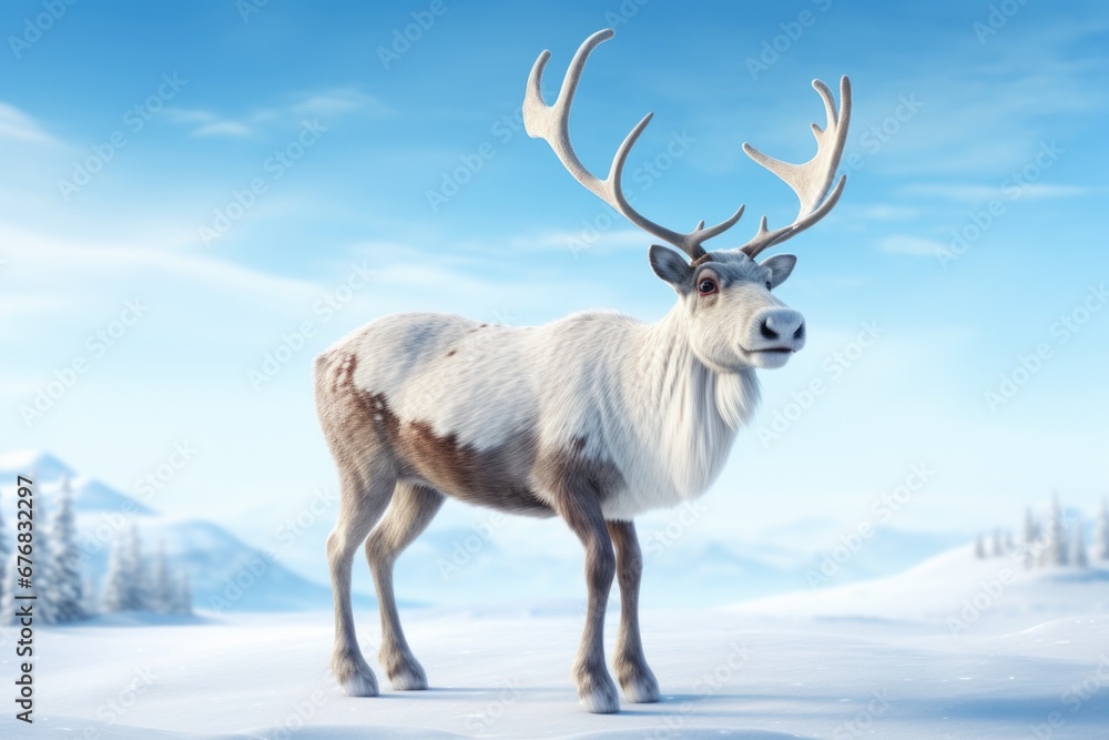 A majestic reindeer stands in a snowy field, surrounded by tall trees. Perfect for winter-themed designs and nature-related projects. A majestic reindeer stands in a snowy field, surrounded by tall trees. Perfect for winter-themed designs and nature-related projects.