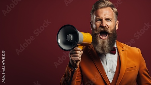 Confident businessman shouting through megaphone in fashion studio shot on solid background