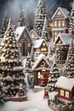 A picturesque small Christmas village surrounded by numerous trees. Perfect for holiday-themed designs or winter-related projects.