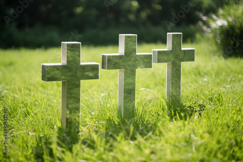 Close up side view of three stone cross signs in a meadow area, on green grass background