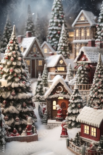 A picturesque small Christmas village surrounded by numerous trees. Perfect for holiday-themed designs or winter-related projects.