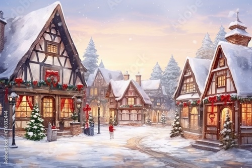 A picturesque painting of a charming Christmas village with a person strolling down the street. Perfect for holiday-themed designs and festive decorations.