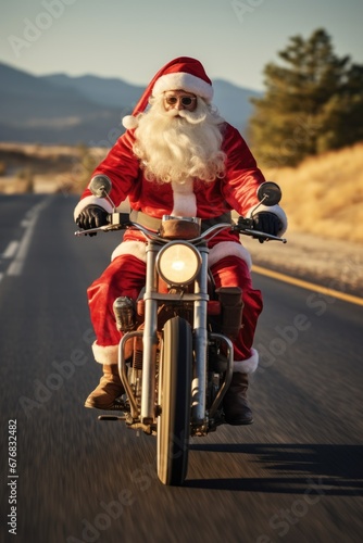 A man dressed as Santa Claus riding a motorcycle. Perfect for holiday-themed designs and advertisements.