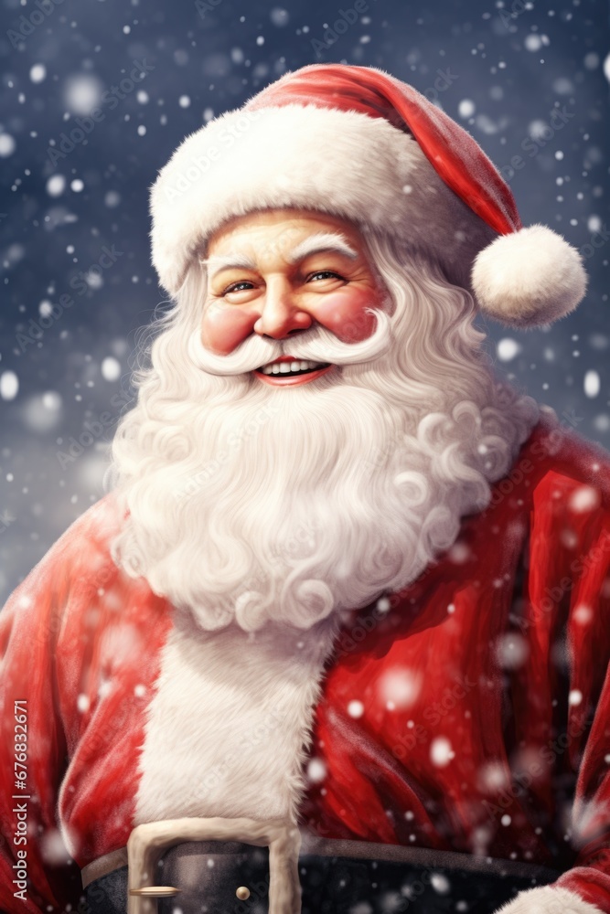 A painting of a cheerful Santa Claus with a warm smile, surrounded by a snowy winter landscape. Perfect for holiday-themed designs and Christmas-related projects. A painting of a cheerful Santa Claus with a warm smile, surrounded by a snowy winter landscape. Perfect for holiday-themed designs and Christmas-related projects.