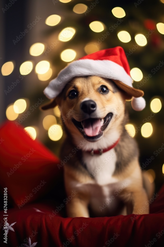 A cute dog wearing a Santa hat sits in front of a beautifully decorated Christmas tree. Perfect for holiday-themed projects and advertisements