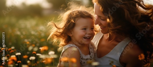 In the beautiful summer sun a woman with flowing hair and a joyful smile enjoys a peaceful moment amidst the vibrant nature The background is adorned with colorful flowers and lush green gra