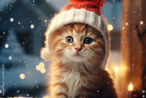 A small kitten wearing an adorable knitted hat. Perfect for pet lovers or winter-themed designs