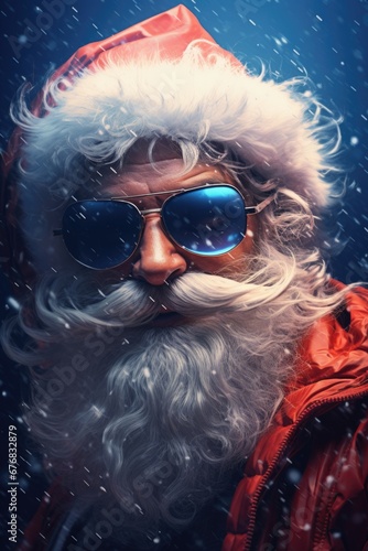 A festive image of Santa Claus wearing sunglasses and a long white beard. Perfect for holiday-themed designs and advertisements