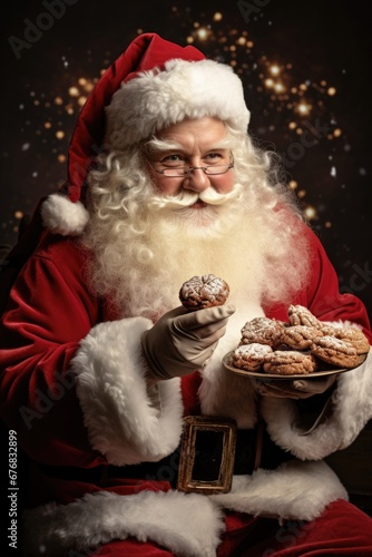 Santa Claus holding a plate of cookies. Perfect for Christmas and holiday-themed designs