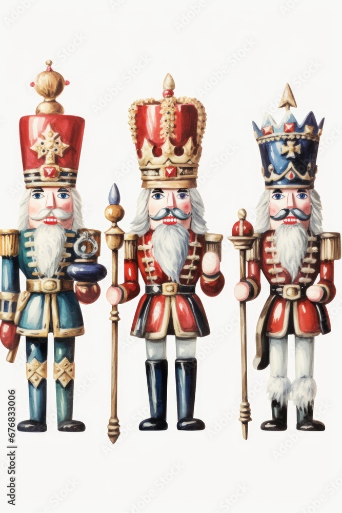 Three nutcrackers standing together in a group. Perfect for holiday decorations or festive themes