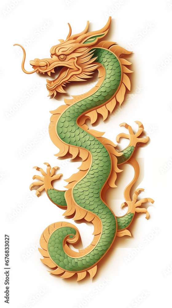 Obraz premium Green dragon statue isolated on white background. Cartoon style illustration. Happy Chinese New Year 2024. Poster with a green wooden dragon.
