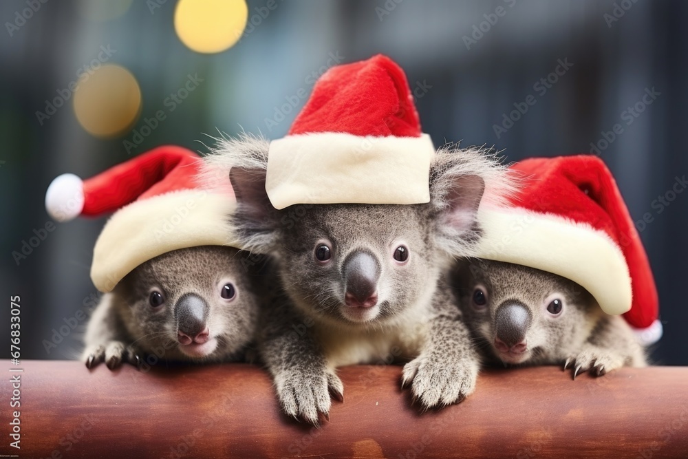 Three adorable koalas wearing festive Santa hats, perched on a log. Perfect for Christmas-themed designs and holiday promotions Three adorable koalas wearing festive Santa hats, perched on a log. Perfect for Christmas-themed designs and holiday promotions