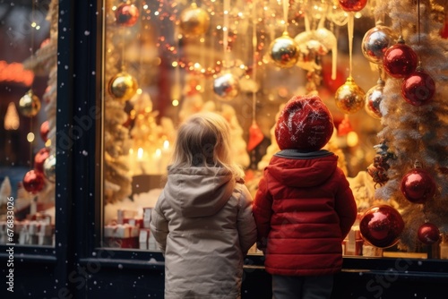 Two children stand in front of a store window filled with Christmas decorations. This image can be used to showcase the joy and excitement of the holiday season