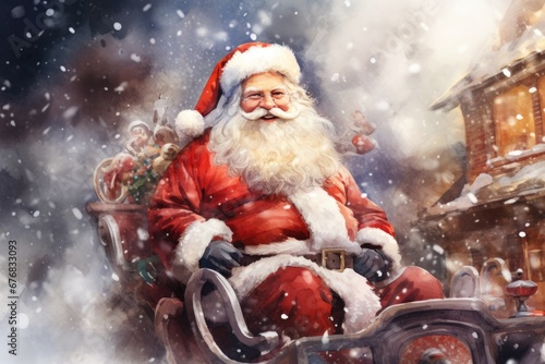 A painting of Santa Claus sitting in a sleigh. This festive image can be used for Christmas-themed designs and holiday promotions © Fotograf