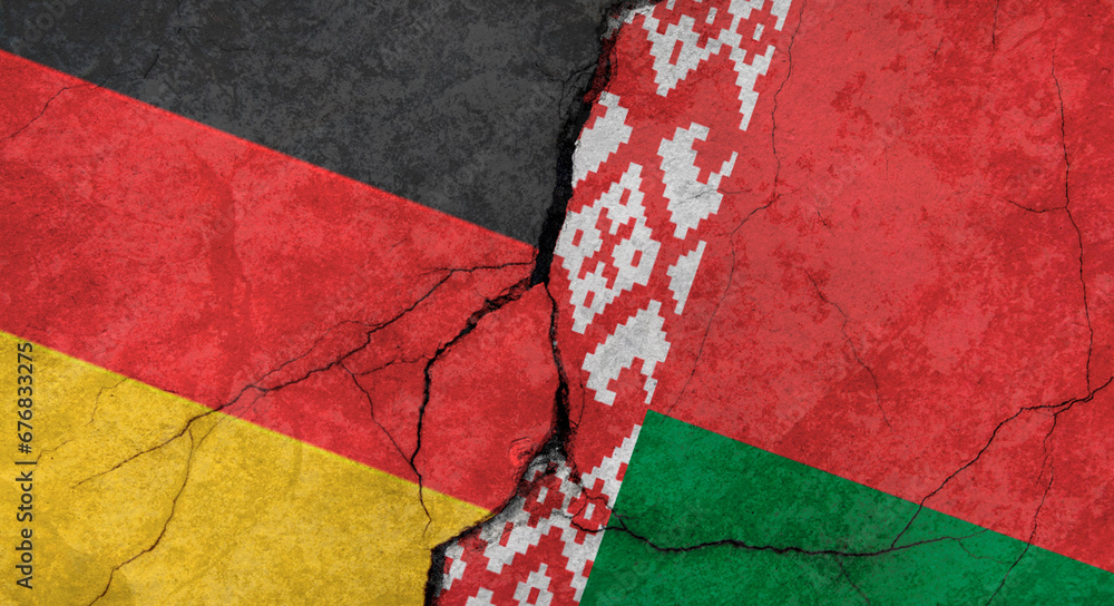 Flags of Germany and Belarus, texture of concrete wall with cracks, orange background, military conflict concept