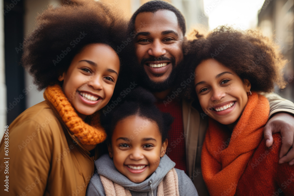 Joyful African American family smiling together outdoors. Joyful African American family smiling together outdoors.