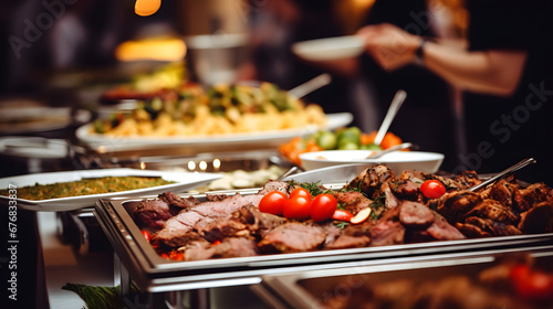 People group catering buffet food indoor in restaurant with meat colorful fruits and vegetables.