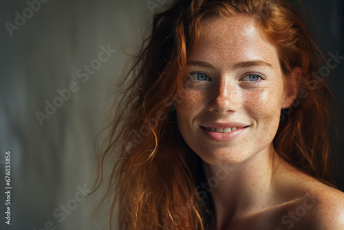 Generative AI portrait of adorable red haired young girl smiling overjoyed