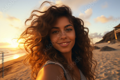 Generative AI portrait of funny young girl making selfies sunrise close to sea ocean feel good