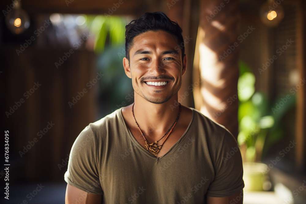 Photography of cheerful man on tropical island enjoying summer holidays exotic vacation generative ai