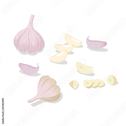 Garlic flat vector set. Whole garlic bulb, garlic cloves and slices illustration in cartoon style. Chopped, cut garlic. Spices.
