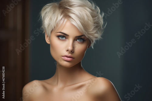 Generative AI picture of beautiful blonde woman fashion model after salon hairdresser procedure