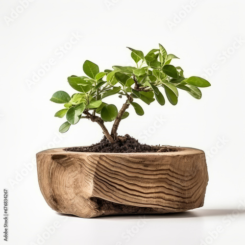 Bright colors and a symbol of confidence: bonsai in an old stump in a minimalist style photo