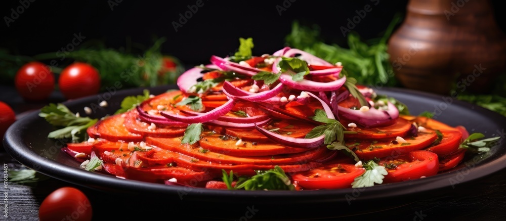 For a healthy and gourmet dinner cook a delicious red salad with organic and natural ingredients such as vegetables carrots and garlic drizzled with a touch of oil For a healthy and gourmet dinner cook a delicious red salad with organic and natural ingredients such as vegetables carrots and garlic drizzled with a touch of oil