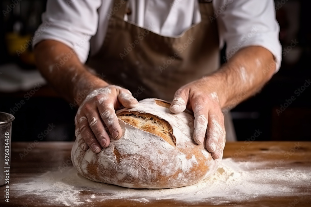 Unrecognizable baker finishing his pastry close-up. Man sprinkling fresh crusty bread with flour, final step. Traditional rustic recipe, homemade bakery, cooking process concept