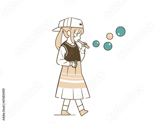 シャボン玉を吹く少女のイラスト
