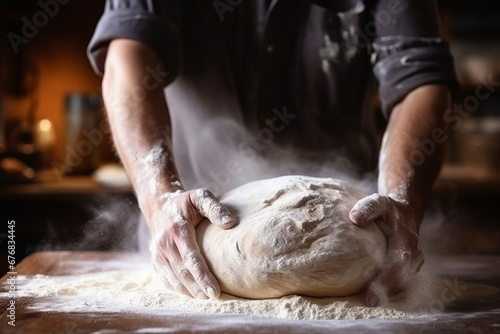 Unrecognizable baker finishing his pastry close-up. Man sprinkling fresh crusty bread with flour, final step. Traditional rustic recipe, homemade bakery, cooking process concept © Fabio