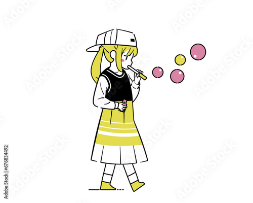 シャボン玉を吹く少女のイラスト
