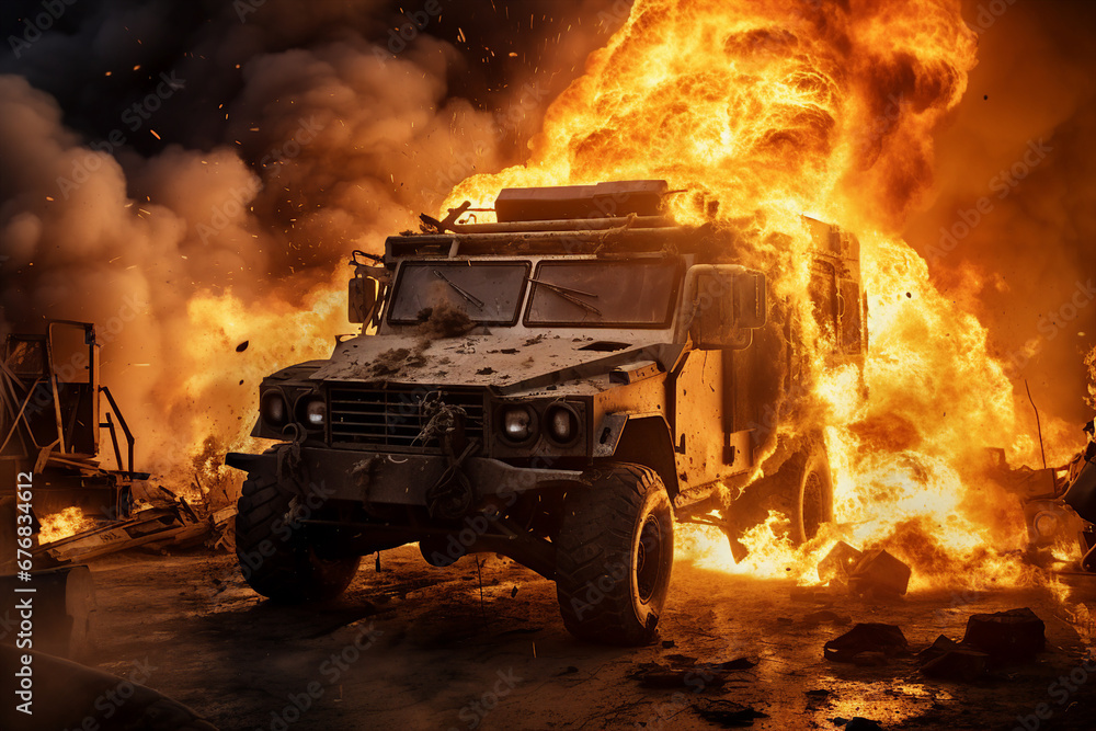 Burning transport in city street during rocket attack generative ai picture Burning transport in city street during rocket attack generative ai picture